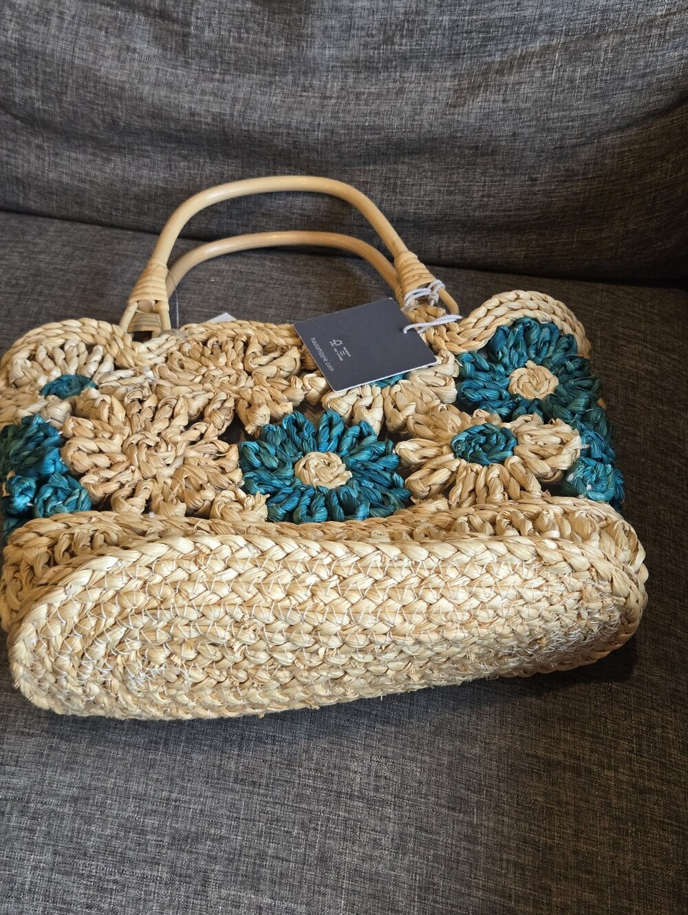 Haute Hippie Teal And Natural Woven Straw Floral Tote Bag With Bamboo Handles - Picture 4 of 7